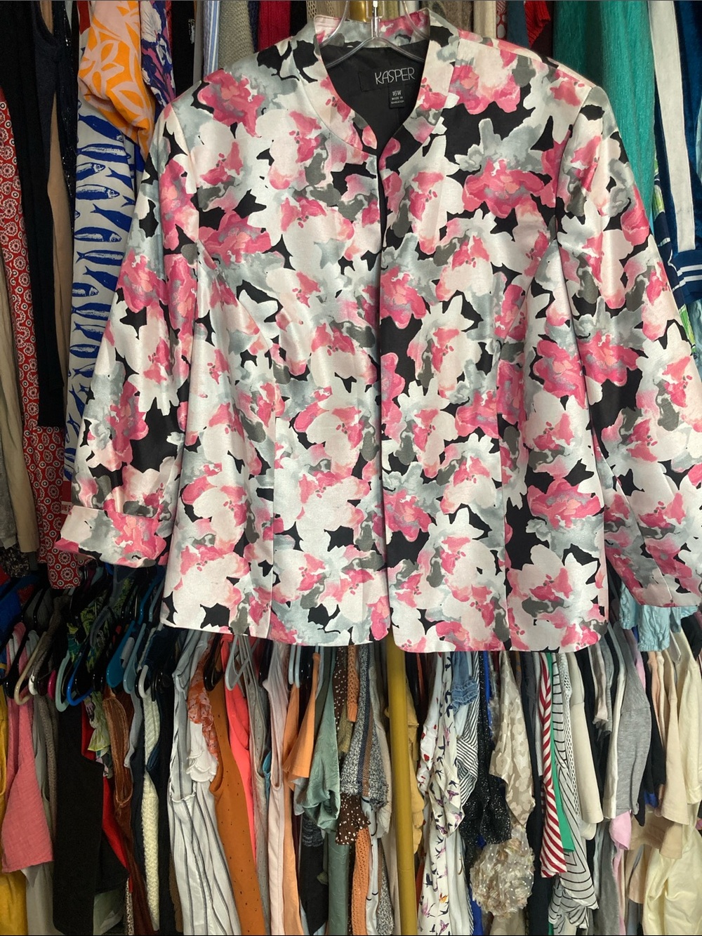 Kasper 16W Pink & Black Abstract Floral Open-Front Blazer Jacket - Picture 5 of 12